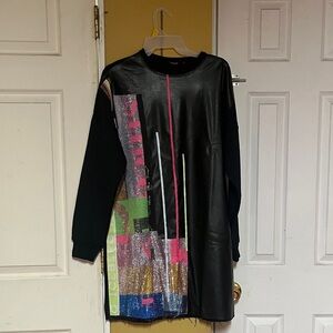 Black Long-Sleeve Faux-Leather Graphic Panel Dress - Unbranded